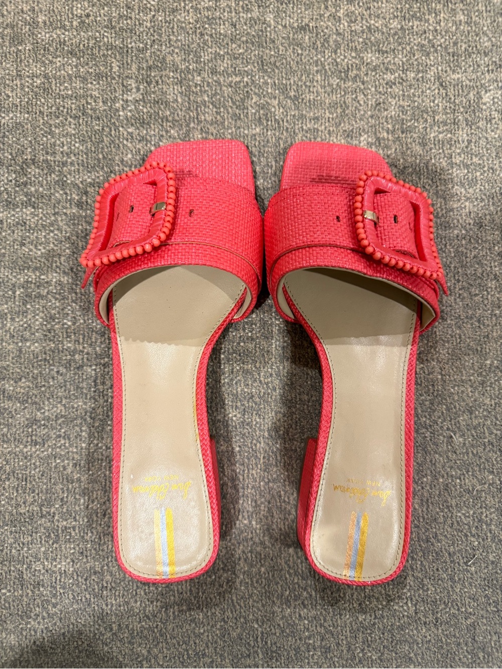 Sam Edelman Coral Red Beaded Buckle Slide Mules